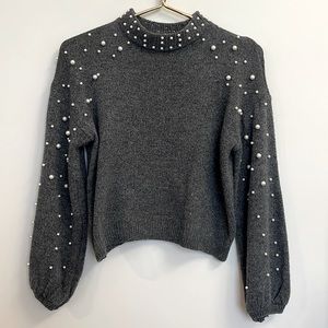 JULIAN CHANG Pearl Embellished Wool Blend Pullover Sweater S